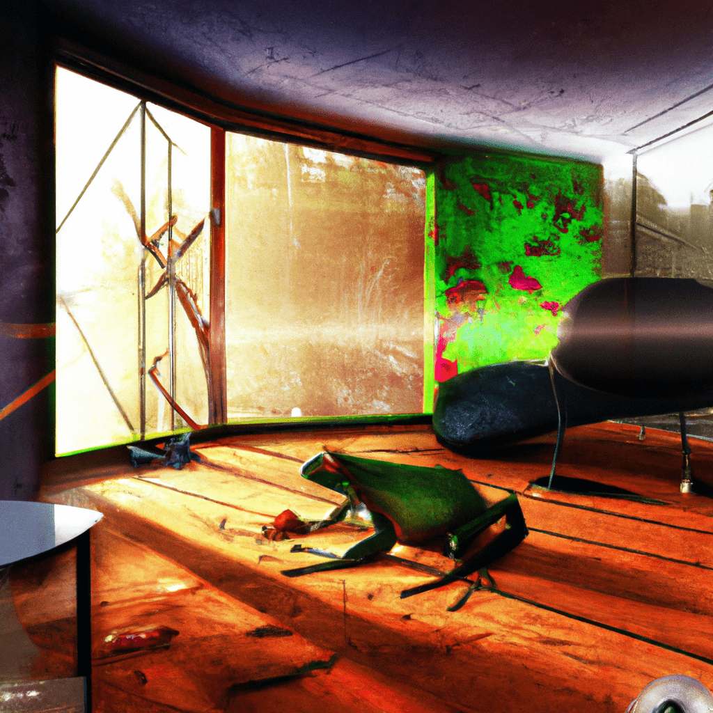 aufgeräumtes modernes Wohnzimmer mit einfallendem Sonnenlicht durch das Fenster, im Lichtkegel ist der Staub in der Luft sichtbar.
Am Boden sitzt ein großer Frosch mit Lupe, der sich diesen Staub ansieht und mit seiner langen roten Zunge einfängt.