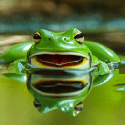Großer grüner Frosch, der eine Lupe vor sein Auge hält wie ein Detektiv und mit einer roten langen Zunge Staub-Partikel schnappt